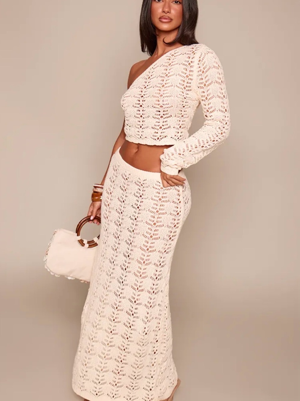 Crochet Maxi Skirt and off shoulder top in Cream - Elegant Women's Set